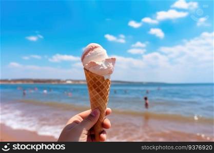 Hand hold ice cream cone at beach. Generative AI