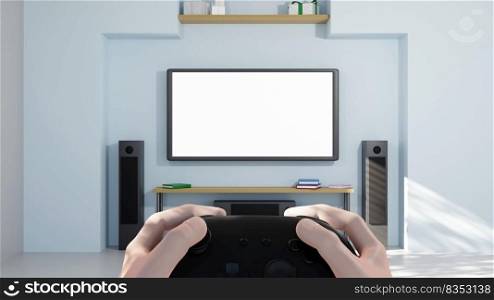 Hand hold joystick gamepad controller with blank screen television in the room for background 3D rendering illustration 
