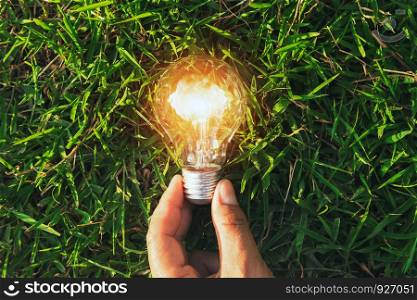 hand hold light bulb on grass with sunset power energy concept nature