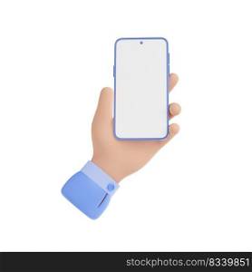 Hand hold mobile phone, smart device with blank screen. Man showing modern smartphone, digital gadget with empty display isolated on white background, 3d render illustration. 3d hand hold mobile phone with blank screen