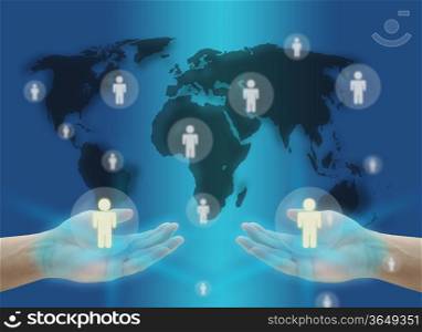 hand hold person World Social Network Communication Concept with world map