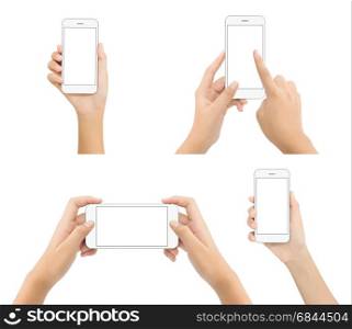 hand hold phone blank screen isolated on white background, mock-up white phone