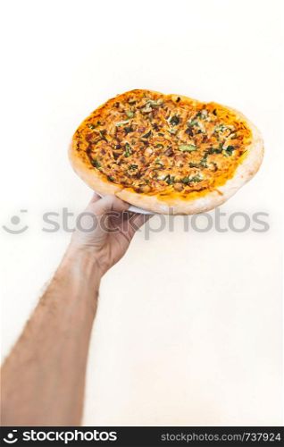 hand hold pizza isolate on white background.. hand hold pizza isolate on white background