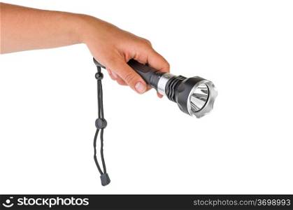 Hand hold powerful LED flashlight isolated on the white background