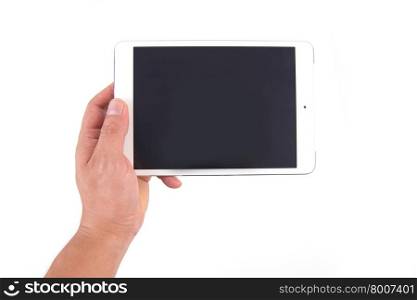 hand hold white tablet isolated on white background