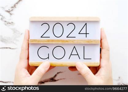 Hand holding 2024 goals wood box over marble background, banner, business new year, aim to success in business