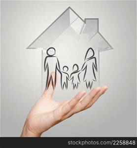 hand holding 3d house wtih family icon as insurance concept