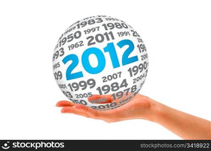 Hand holding a 2012 Sphere on white background.