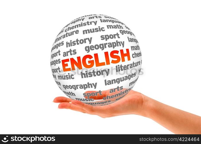 Hand holding a 3d English Word Sphere on white background.