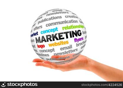 Hand holding a 3d Marketing Sphere on white background.