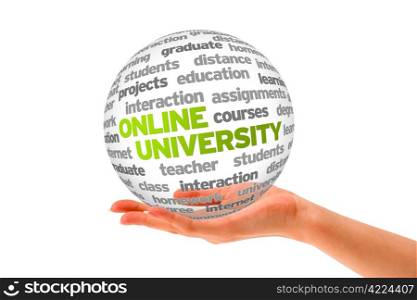Hand holding a 3d Online University Sphere on white background.