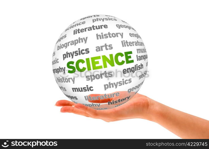 Hand holding a 3d Science Sphere on white background.