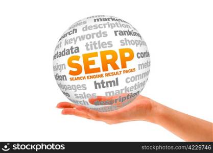 Hand holding a 3d Search Engine Result Pages Sphere on white background.