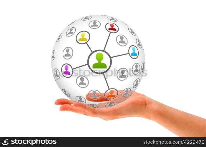 Hand holding a 3d Social Network Sphere on white background.
