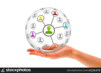 Hand holding a 3d Social Network Sphere on white background.