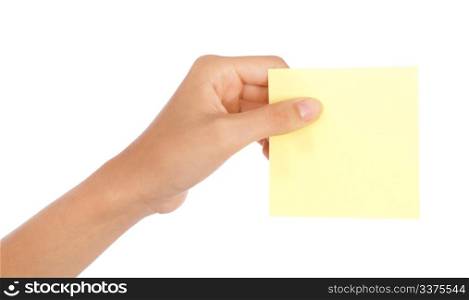 hand holding a blank note on isolated background