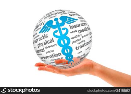 Hand holding a Caduceus 3D Sphere sign on cloud background.