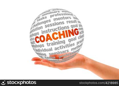 Hand holding a Coaching 3d Sphere on white background.