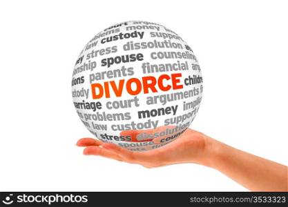 Hand holding a Divorce Word Sphere on white background.