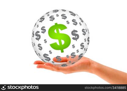 Hand holding a Dollar 3D Sphere sign on white background.