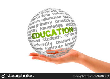 Hand holding a Education Sphere on white background.