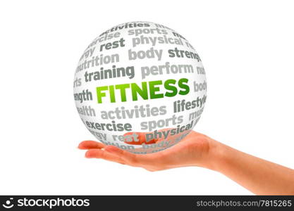 Hand holding a Fitness Word Sphere on white background.