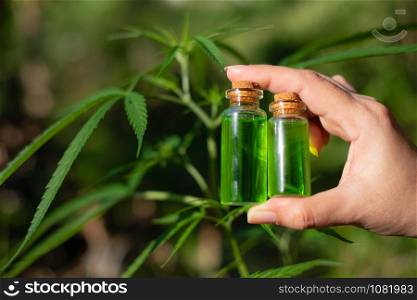 Hand holding a glass bottle with CBD oil and cannabis leaf at the background, medical marijuana concept