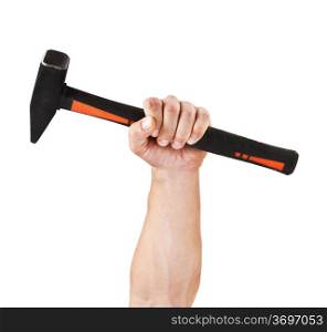 Hand holding a hammer, isolated on white
