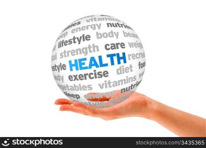 Hand holding a Health Word Sphere on white background.