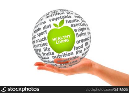 Hand holding a Healthy Lifestyle Sphere on white background.