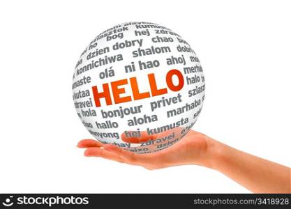 Hand holding a Hello 3D Sphere sign on white background.