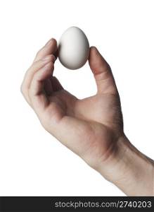 Hand holding a hen egg on white background