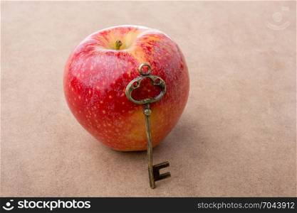 Hand holding a key beside a red apple