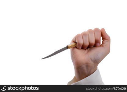 Hand holding a knife in hand on a white background