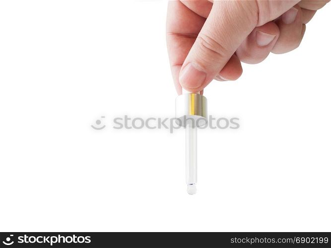 Hand holding a medicine pipette, isolated on white background. With clipping path. Dropper Bottle. Blue conteiner isolated on white background