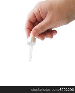 Hand holding a medicine pipette, isolated on white background. With clipping path. Dropper Bottle. Blue conteiner isolated on white background
