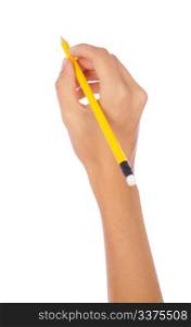 hand holding a pencil on isolated background