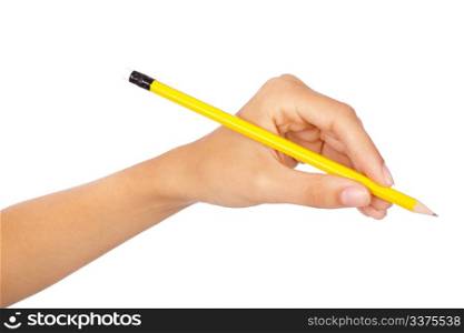 Hand holding a pencil on white background