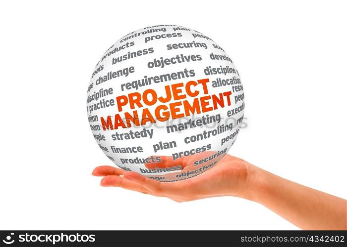 Hand holding a Project Management 3d Sphere.
