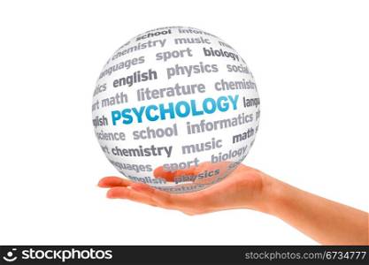 Hand holding a Psychology Word Sphere on white background.