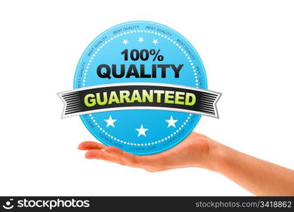 Hand holding a Quality Guaranteed icon on white background.