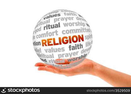 Hand holding a religion Word Sphere on white background.