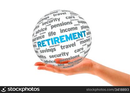 Hand holding a Retirement 3D Sphere on white background.
