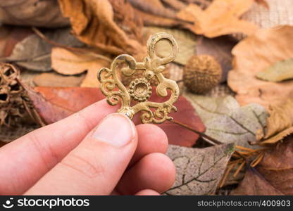 Hand holding a retro styled golden color decorative key