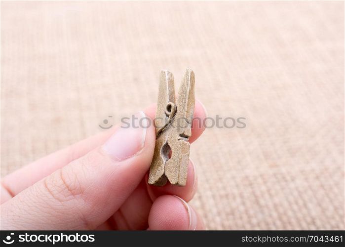 Hand holding a small wooden clothespin in hand
