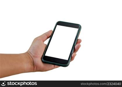 Hand holding a smartphone on a white background. White blank phone screen.