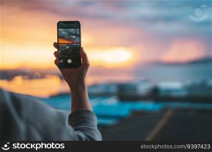 Hand holding a smartphone taking a photograph of the sea at sunset