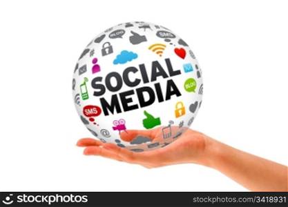 Hand holding a Social Media 3d Sphere sign on white background.