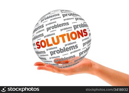 Hand holding a Solutions 3D Sphere sign on white background.