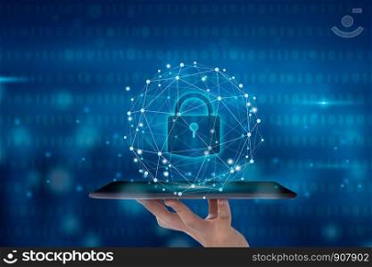 Hand holding a tablet.Cyber safety padlock on data mass. Internet security lock information privacy low poly polygonal future innovation technology network business concept